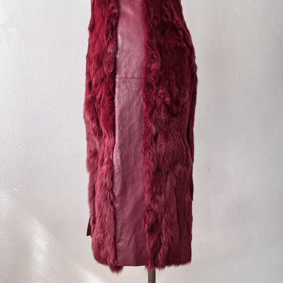 Vintage 70s Genuine Rabbit Fur & Leather Coat Long Jacket Sz M Maroon Burgundy - Picture 8 of 11